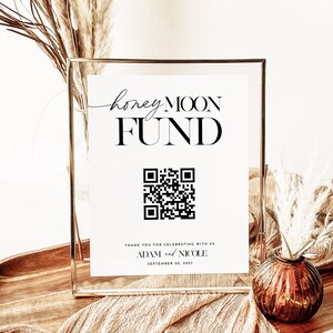 Plantilla de signo de código QR del fondo de luna de miel, signo del fondo de luna de miel de la boda, deseo de luna de miel, tarjeta del fondo de luna de miel Venmo, signo de boda moderno editable
