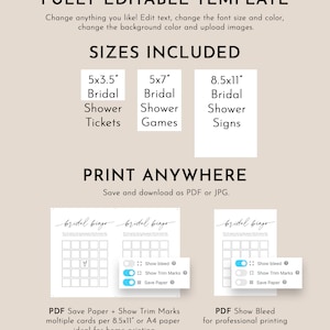 May include: Printable bridal shower bingo cards in three sizes: 5x3.5 inches, 5x7 inches, and 8.5x11 inches. The cards are designed with a simple black and white aesthetic and feature the text "bridal bingo".