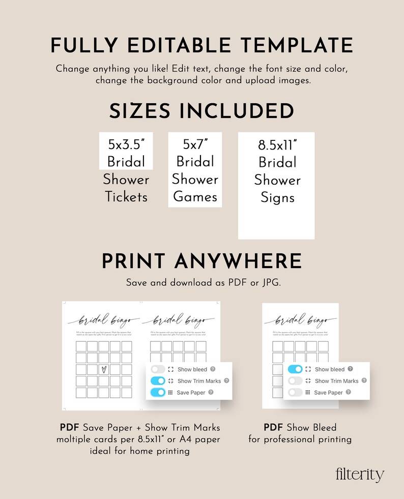 May include: Printable bridal shower bingo cards in three sizes: 5x3.5 inches, 5x7 inches, and 8.5x11 inches. The cards are designed with a simple black and white aesthetic and feature the text "bridal bingo".
