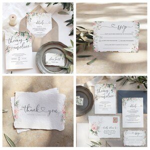 May include: Wedding invitation suite with floral designs. The invitation features the names "Thomas and Caroline" in calligraphy. The RSVP card has a floral border and the text "RSVP" in calligraphy. The details card has a floral border and the text "details" in calligraphy. The thank you card has a floral design and the text "thank you" in calligraphy.