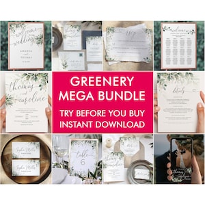 Puede incluir: Suite de invitación de boda con vegetación verde sobre fondo blanco. La suite incluye un cartel de bienvenida, una tarjeta RSVP, una tarjeta de detalles, una tarjeta de número de mesa y una tarjeta de agradecimiento. El texto en las tarjetas incluye los nombres "Thomas y Caroline" y "Sophia Miller".