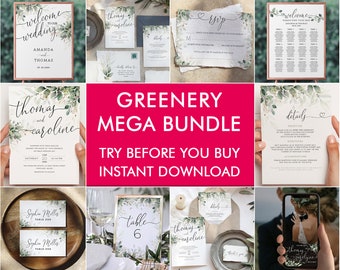 Greenery Wedding Invitation Template Bundle Printable, Wedding Welcome Sign, Table Numbers, Thank You Cards, Wedding Invites, Seating Chart