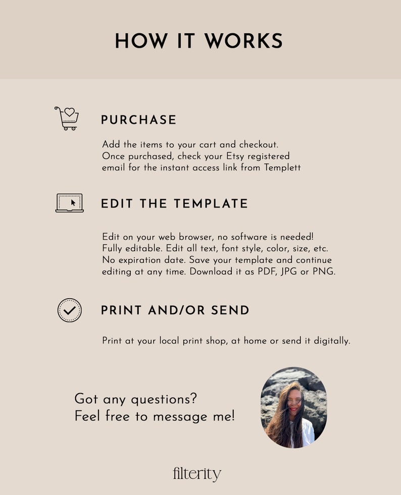 May include: How it works: A graphic with three steps for purchasing, editing, and printing a digital template. The steps are illustrated with icons: a shopping cart, a laptop, and a checkmark. The text "Got any questions? Feel free to message me!" is displayed below the steps, along with the word "filterity".