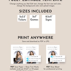 May include: A template design with the text "FULLY EDITABLE TEMPLATE" and size options for tickets, games, and signs. The image includes sample cards with a woman's photo and the text "GUESS HOW MANY KISSES FOR THE SOON-TO-BE MRS."
