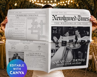 Wedding Newspaper Template with Custom Crossword, Wedding Newspaper Template, Wedding Program, Newlywed Times, Editable Newspaper Itinerary