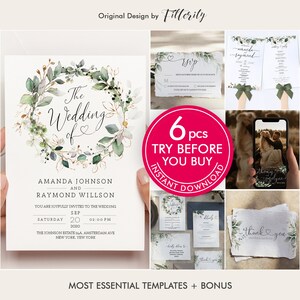 May include: A wedding invitation suite with a green and gold floral wreath design. The invitation features the text "The Wedding of Amanda Johnson and Raymond Willson". The suite also includes an RSVP card, a details card, and a thank you card.