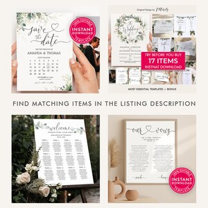 May include: A set of printable wedding stationery templates with a green and white eucalyptus theme. The templates include a save the date card, wedding invitation, welcome sign, seating chart, and vows. The text on the templates is editable and the templates are available for instant download.
