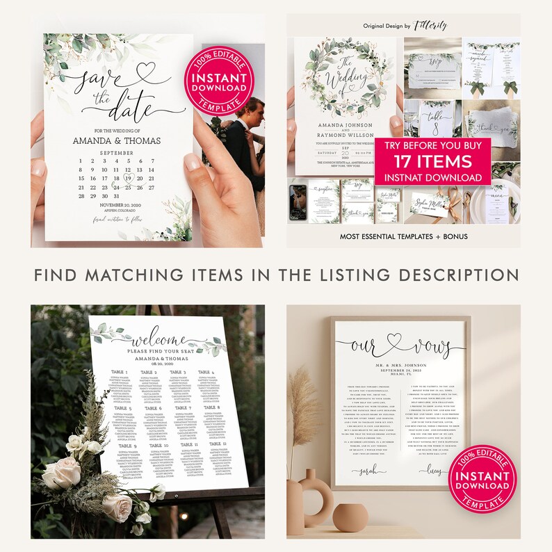 May include: A set of printable wedding stationery templates with a green and white eucalyptus theme. The templates include a save the date card, wedding invitation, welcome sign, seating chart, and vows. The text on the templates is editable and the templates are available for instant download.