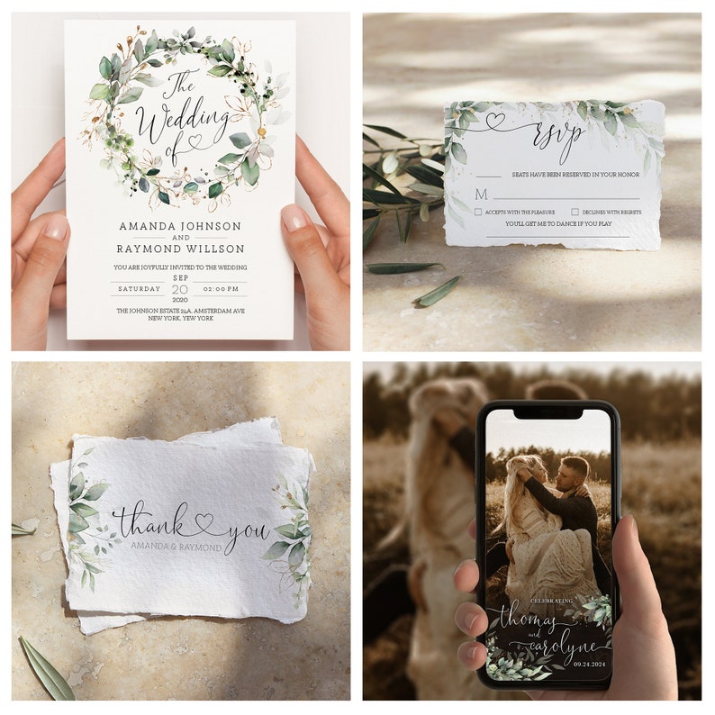 May include: A set of wedding stationery with a green and white floral design. The invitation features the text "The Wedding of Amanda Johnson and Raymond Willson". The RSVP card has the text "Seats have been reserved in your honor". The thank you card has the text "Thank you Amanda & Raymond".