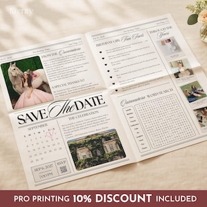 May include: Newspaper-style invitation for a Quincea&ntilde;era celebration. Features a photo of the celebrant with a horse, event details, and a word search. Includes the text "SAVE THE DATE" and "PRO PRINTING 10% DISCOUNT INCLUDED".