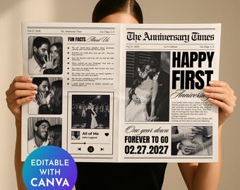 Wedding Anniversary Newspaper, 1 Year Anniversary Newspaper Canva Template, Couple First Anniversary, Gift for Husband, Photoshoot Newspaper
