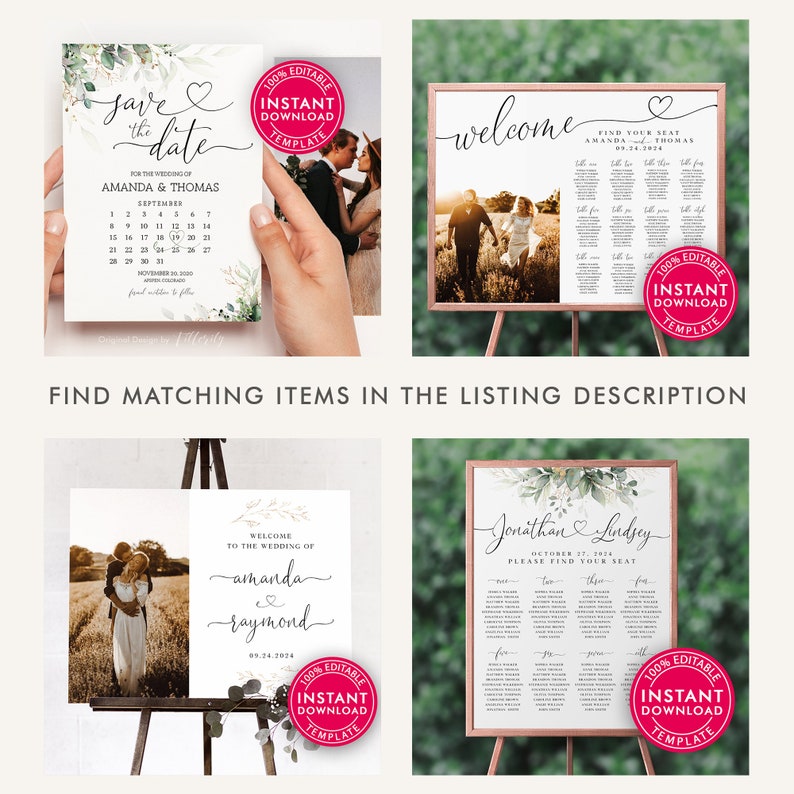 May include: A collection of wedding stationery templates, including a save-the-date card with a calendar, a welcome sign, and seating charts. The designs feature elegant calligraphy, botanical accents, and space for photos. Each template is labeled as an instant download.