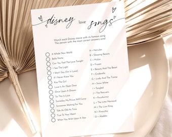 May include: A printable Disney movie game with a list of songs and a corresponding list of Disney movies. The game instructs players to match each Disney movie with its famous song. The person with the most correct answers wins.