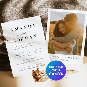 May include: A white wedding invitation with black text announcing the marriage of Amanda and Jordan. The invitation includes the date, time, and location of the wedding ceremony and reception. The invitation also includes a photo of the couple.