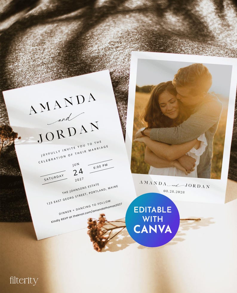 May include: A white wedding invitation with black text announcing the marriage of Amanda and Jordan. The invitation includes the date, time, and location of the wedding ceremony and reception. The invitation also includes a photo of the couple.