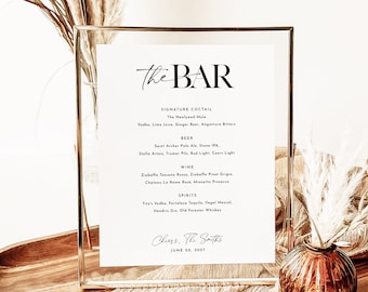 Szablon menu baru weselnego, nowoczesny znak na drinki weselne, minimalistyczny znak menu drinków, znak drinka z podpisem weselnym, edytowalny szablon menu baru