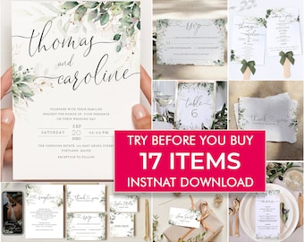 Printable Wedding Invitation Set Template Download, Wedding Invitations, Wedding Template, Wedding Program, Wedding Invites, Thank You Card