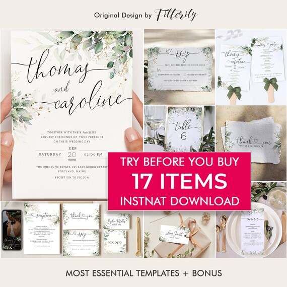 Printable Wedding Invitation Set Template Download, Wedding Invitations, Wedding Template, Wedding Program, Wedding Invites, Thank You Card