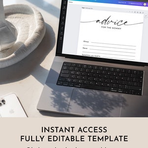 May include: A laptop computer displaying a printable template for advice for a new mom. The template has the words "advice for the mommy" at the top and includes lines for "always", "never", and "sometimes you need to".