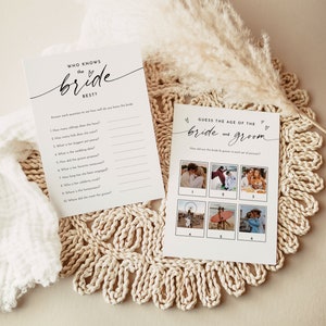 May include: Two printable bridal shower game cards. The first card is a "Who Knows the Bride Best?" game with 10 questions about the bride. The second card is a "Guess the Age of the Bride and Groom" game with six photos of the bride and groom at different ages.