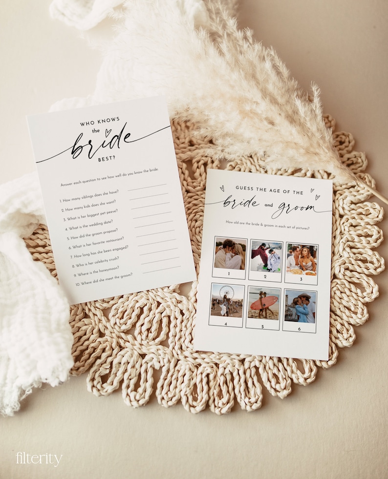 May include: Two printable bridal shower game cards. The first card is a "Who Knows the Bride Best?" game with 10 questions about the bride. The second card is a "Guess the Age of the Bride and Groom" game with six photos of the bride and groom at different ages.