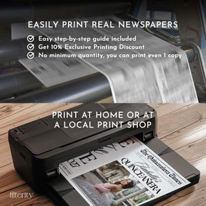 May include: A black printer is shown printing a newspaper with the headline "The Quincea&ntilde;era Times." The image includes text that reads "Easily Print Real Newspapers" and "Print at Home or at a Local Print Shop."