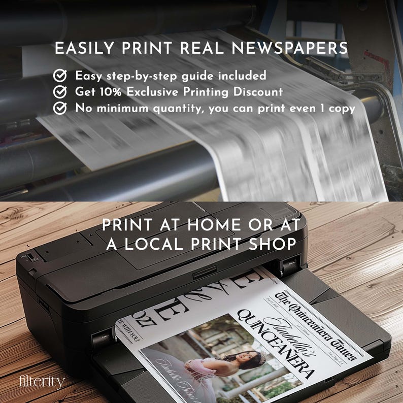 May include: A black printer is shown printing a newspaper with the headline "The Quincea&ntilde;era Times." The image includes text that reads "Easily Print Real Newspapers" and "Print at Home or at a Local Print Shop."
