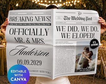 Elopement Newspaper Template, Wedding Announcement Newspaper, We Eloped, Custom Wedding Newspaper, Canva Template
