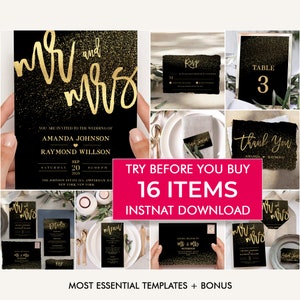May include: A set of 16 black and gold wedding templates with a glittery texture. The templates include an invitation, RSVP card, table number card, and thank you card. The text on the invitation reads "You are invited to the wedding of Amanda Johnson and Raymond Willson".