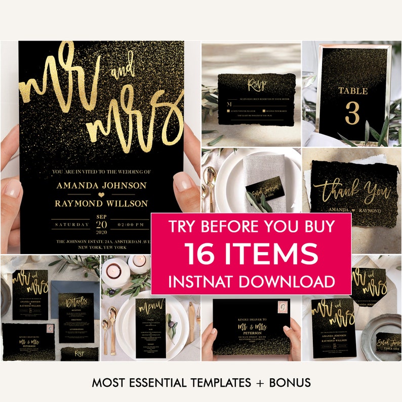 May include: A set of 16 black and gold wedding templates with a glittery texture. The templates include an invitation, RSVP card, table number card, and thank you card. The text on the invitation reads "You are invited to the wedding of Amanda Johnson and Raymond Willson".