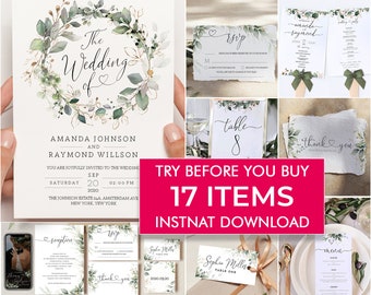 Printable Wedding Invitation Template Bundle, Thank You Card, Wedding Program Template, Wedding Menu, Invitation Set, RSVP Cards and more