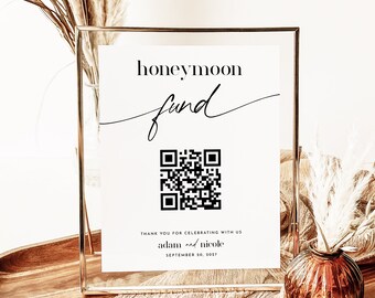 Honeymoon Fund Sign, Wedding Honeymoon Fund QR Code Sign Template, Honeymoon Wish, Venmo Honeymoon Fund Card, Editable Modern Wedding Sign