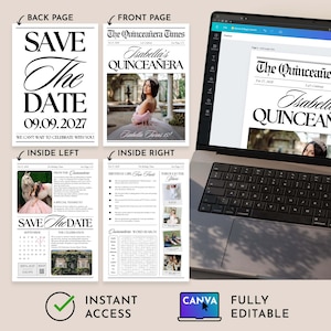 May include: A digital template for a quincea&ntilde;era newspaper, featuring a front page with a photo and the headline "Isabella's Quincea&ntilde;era." The back page says "Save the Date" for September 9, 2027. Includes "Instant Access" and "Fully Editable" text.