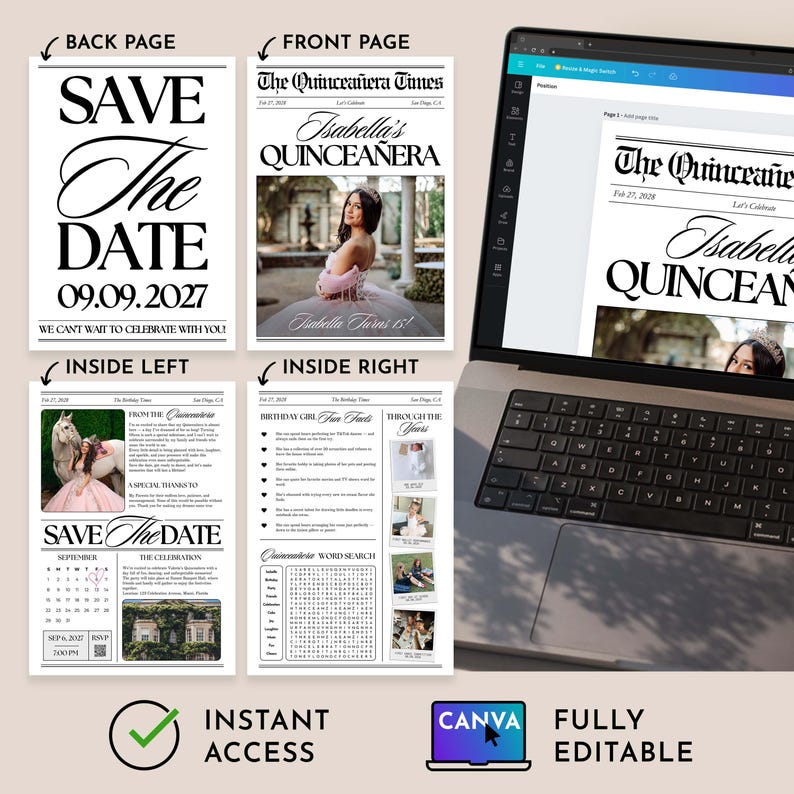 May include: A digital template for a quincea&ntilde;era newspaper, featuring a front page with a photo and the headline "Isabella's Quincea&ntilde;era." The back page says "Save the Date" for September 9, 2027. Includes "Instant Access" and "Fully Editable" text.
