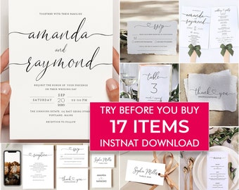 Printable Wedding Invitation Template Bundle, Thank You Card, Wedding Program Template, Wedding Menu, Wedding Invites Set, Digital Download