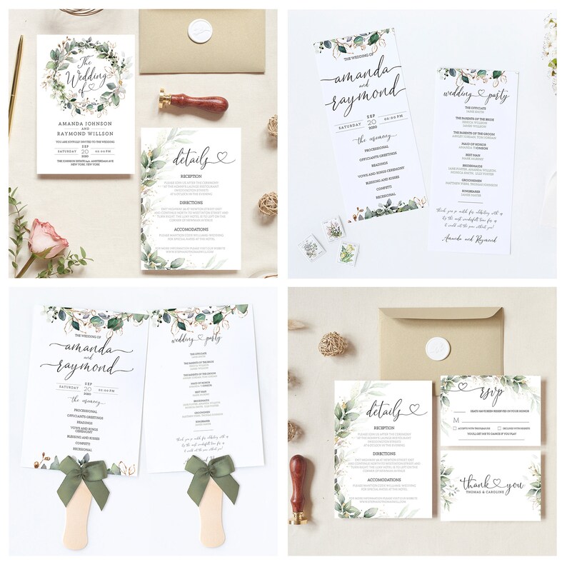 May include: A set of wedding stationery with a green and white floral design. The invitation features the text "The Wedding of Amanda Johnson and Raymond Willson". The details card includes the text "details" and the RSVP card includes the text "RSVP".