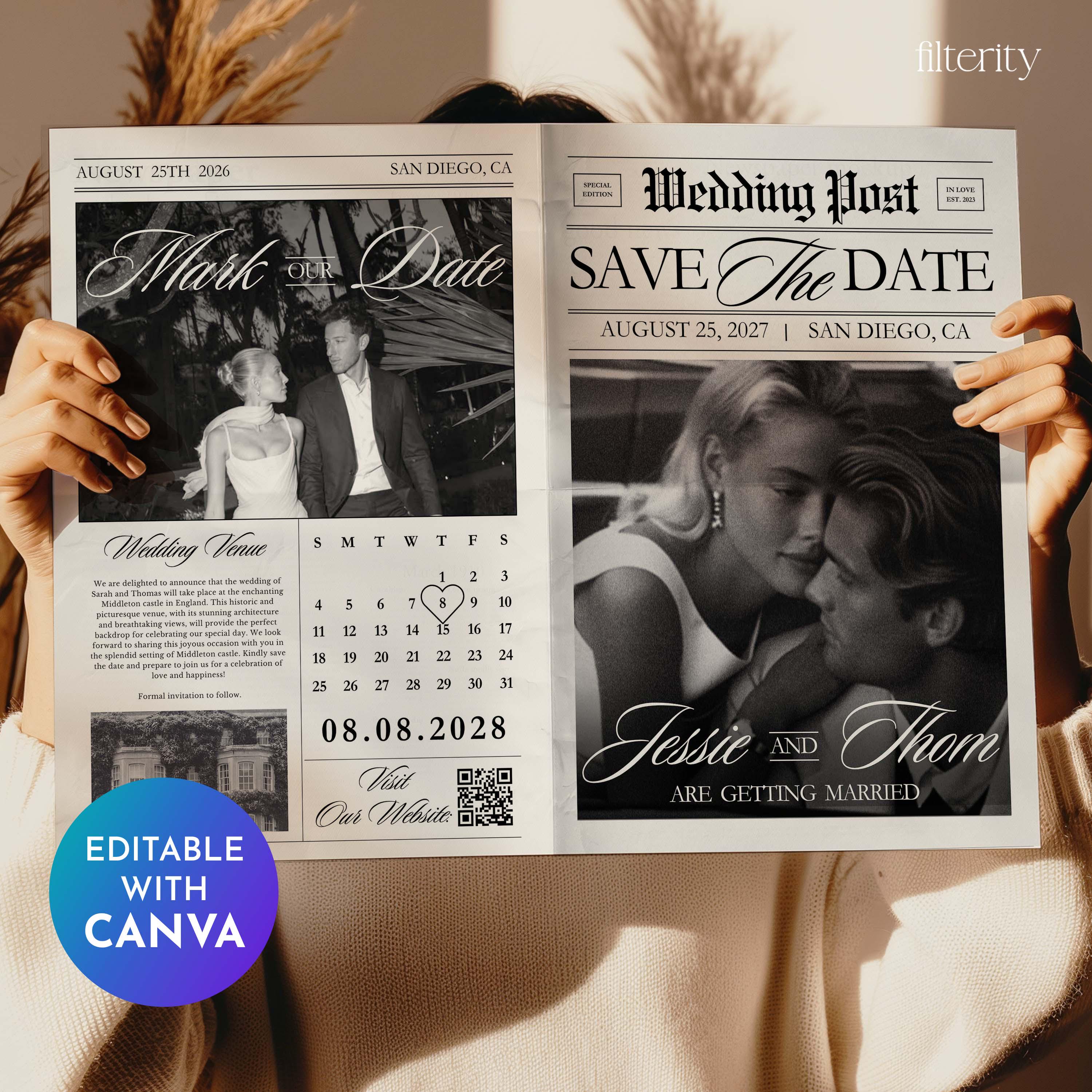 Save The Date Newspaper Template Canva, Wedding Save The Date, Announcement Photoshoot Newspaper, The Wedding Post News Paper Template