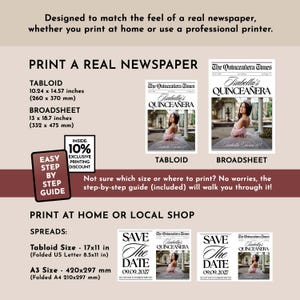 May include: A promotional image for a quincea&ntilde;era newspaper print service. It shows tabloid and broadsheet newspaper examples, with sizes in inches and millimeters. The image includes the text "Print a Real Newspaper" and "Print at Home or Local Shop."