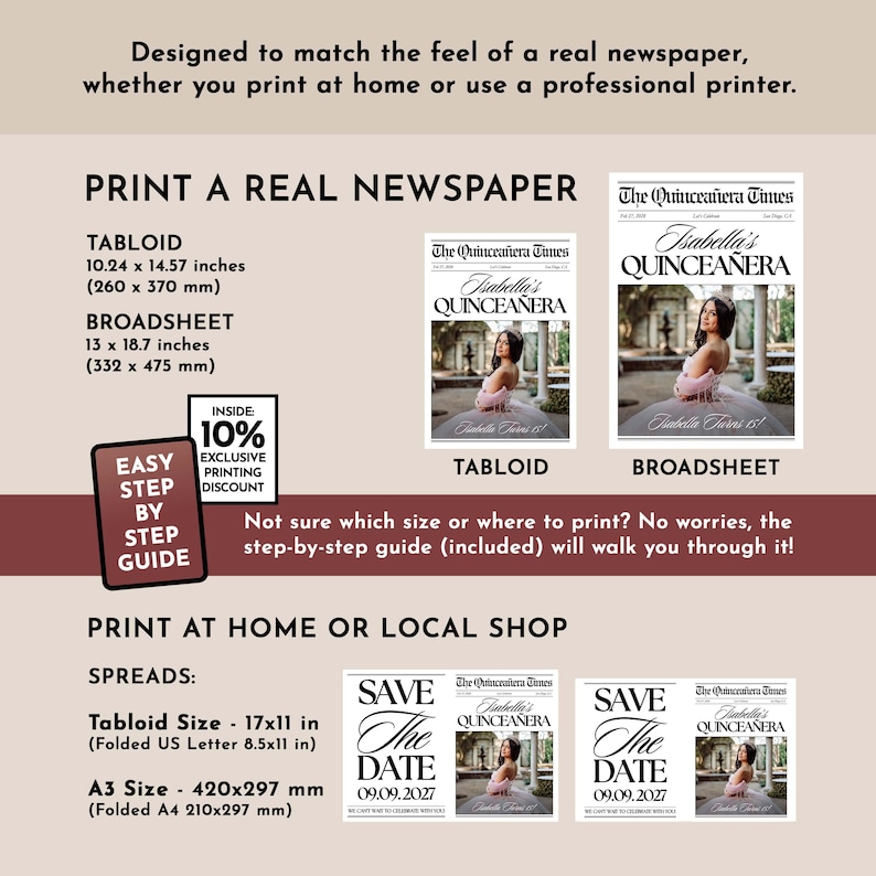 May include: A promotional image for a quincea&ntilde;era newspaper print service. It shows tabloid and broadsheet newspaper examples, with sizes in inches and millimeters. The image includes the text "Print a Real Newspaper" and "Print at Home or Local Shop."