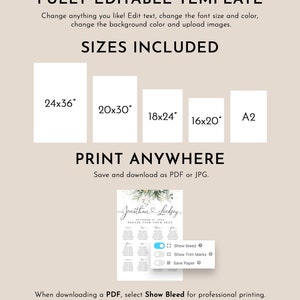 May include: Editable wedding seating chart template in a green and white floral design. The template includes the text "Jonathan & Lindsey" and "October 27, 2020" and "Please find your seat". The template is available in multiple sizes: 24x36 inches, 20x30 inches, 18x24 inches, 16x20 inches, and A2.