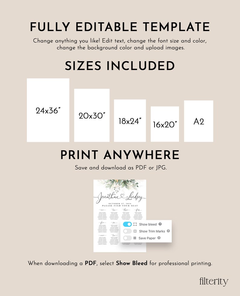 May include: Editable wedding seating chart template in a green and white floral design. The template includes the text "Jonathan & Lindsey" and "October 27, 2020" and "Please find your seat". The template is available in multiple sizes: 24x36 inches, 20x30 inches, 18x24 inches, 16x20 inches, and A2.