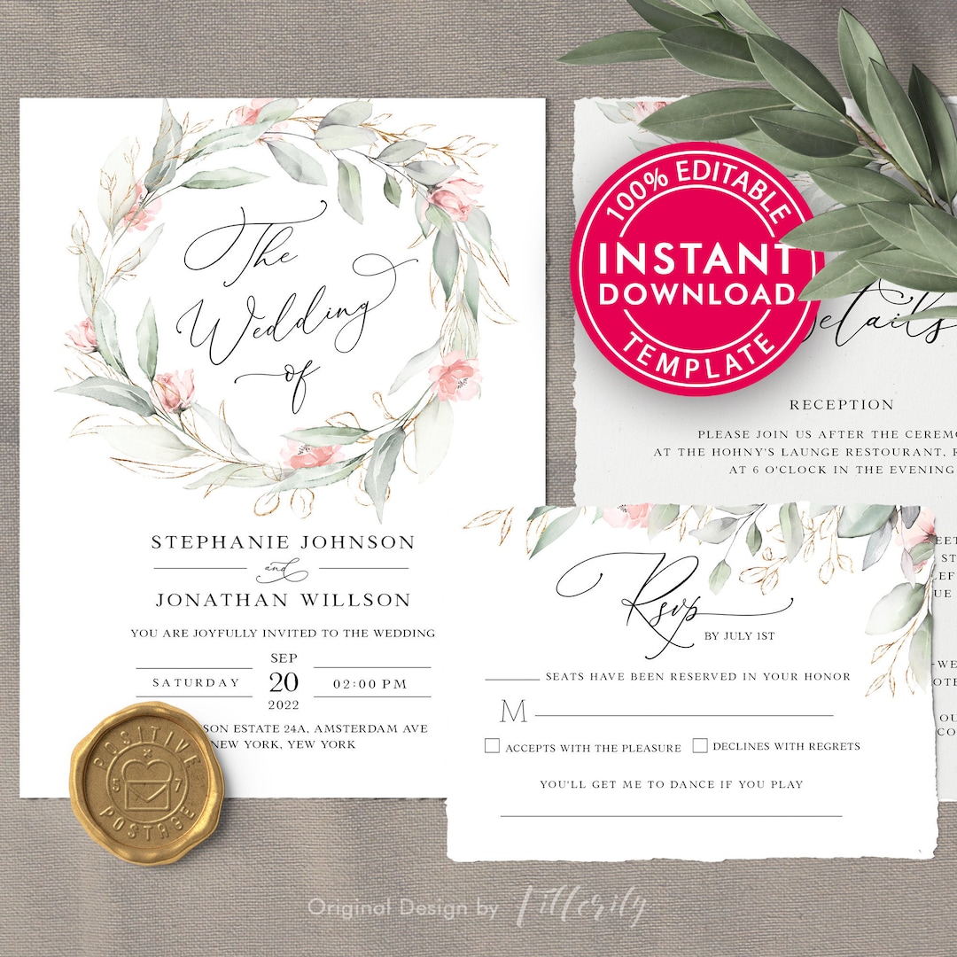 Printable Wedding Invitation Set Template Download, Wedding Invitations ...