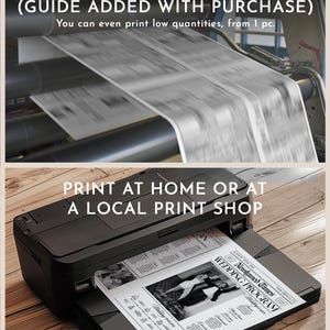 K&ouml;nnte beinhalten: Bild, das das Drucken von Zeitungen zeigt. Die obere H&auml;lfte zeigt eine Druckmaschine in Aktion. Die untere H&auml;lfte zeigt einen Drucker, der ein Hochzeitsprogramm erstellt. Text auf dem Bild lautet: "PRINT REAL NEWSPAPERS" und "PRINT AT HOME OR AT A LOCAL PRINT SHOP."