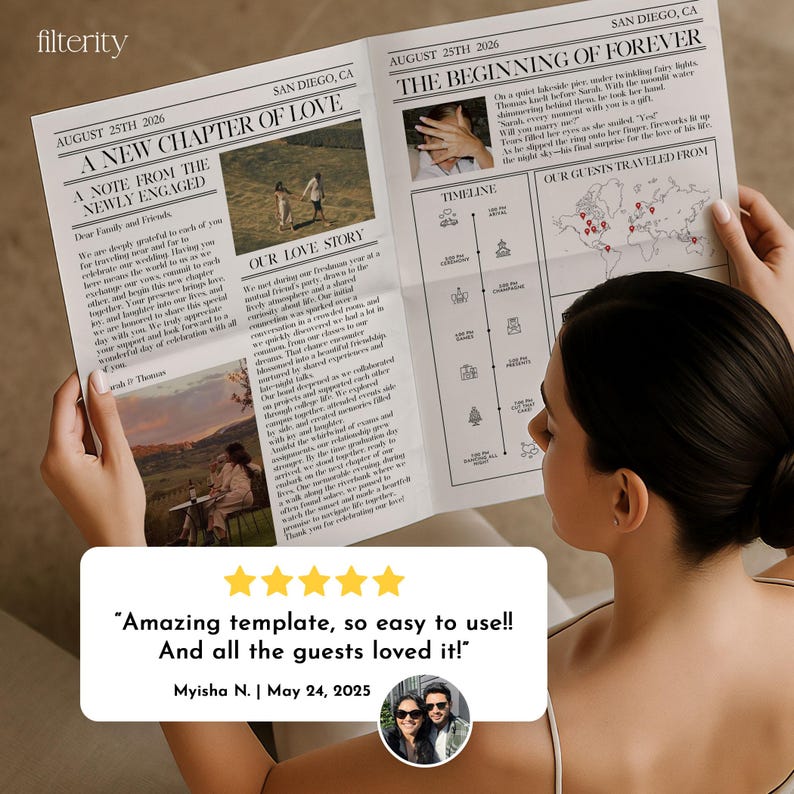 Folded Wedding Newspaper Template with Photo, Minimalist Wedding Newspaper Template, Wedding Program, Newlywed Times, Editable Newspaper image 5