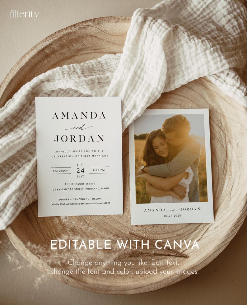 Wedding Invitation Template Canva | Minimalist Digital Wedding Invite with Photo | Download Instantly image 1