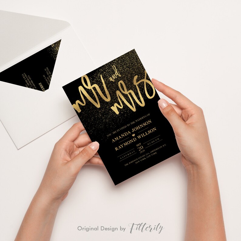 May include: Black wedding invitation with gold glitter and text that reads "Mr. and Mrs."  The invitation includes the names Amanda Johnson and Raymond Willson, the date September 20, 2020, and the time 02:00 PM. The invitation also includes the location "The Audubon Estate, 724 Amsterdam Ave, New York, New York".