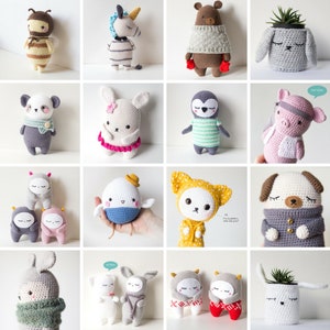 Puede incluir: Una colecci&oacute;n de 12 juguetes amigurumi de crochet, que incluyen una abeja, un unicornio, un oso, una planta en maceta, un panda, un conejito, un ping&uuml;ino, un cerdo, un monstruo, un huevo, un zorro y un perro. Todos los juguetes est&aacute;n hechos a mano y presentan diferentes colores y patrones.