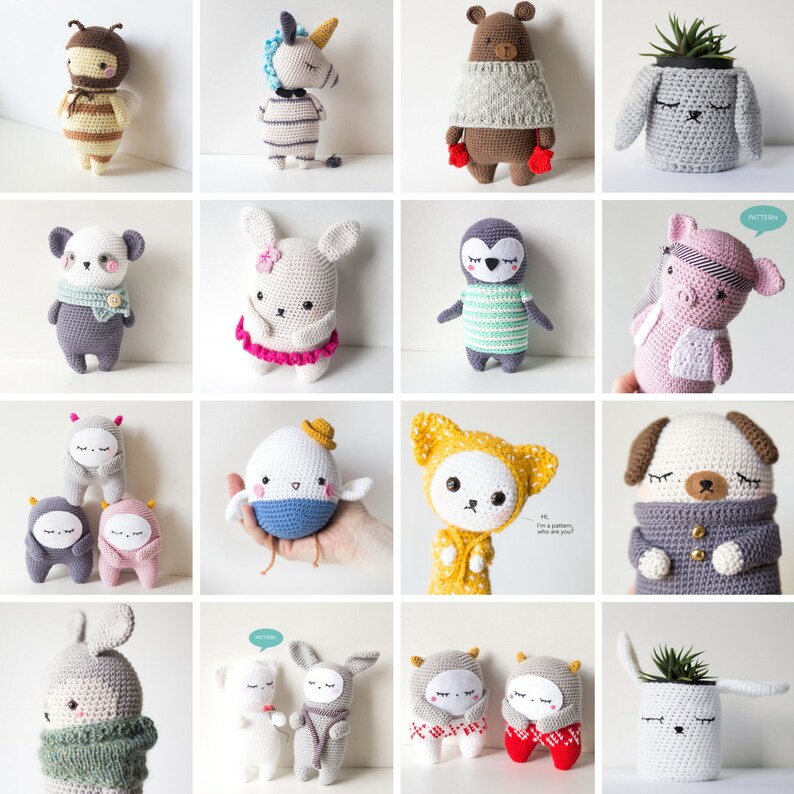 Puede incluir: Una colecci&oacute;n de 12 juguetes amigurumi de crochet, que incluyen una abeja, un unicornio, un oso, una planta en maceta, un panda, un conejito, un ping&uuml;ino, un cerdo, un monstruo, un huevo, un zorro y un perro. Todos los juguetes est&aacute;n hechos a mano y presentan diferentes colores y patrones.