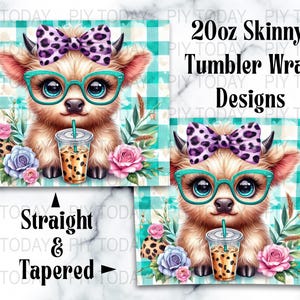 Cute Plaid Highland Cow Tumbler Wrap Design, Sublimation 20 oz Tumbler Png, Digital Download, Commercial Use, Adorable Cow Art