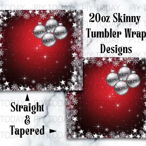 Christmas Tumbler Wrap, 20 oz Skinny Tumbler Sublimation Design, Holiday Digital Download, Red and Silver Ornaments PNG
